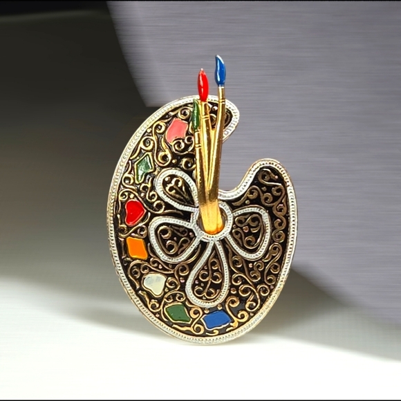 Spain Damascene 2-Tone Metallic Colorful Damascene Artists Painting Brooch